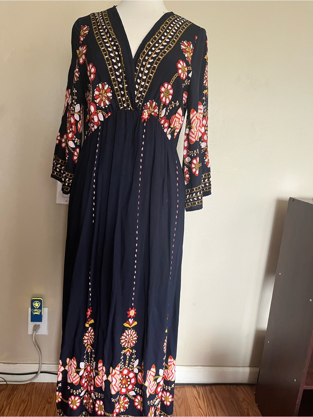 Bohemian Embroidered Black Maxi Dress - Floral Detail